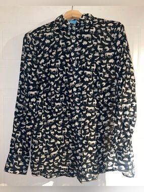 B.S Frankonia Black Sheer Cotton Button-Up Shirt Blouse with White Animal Print